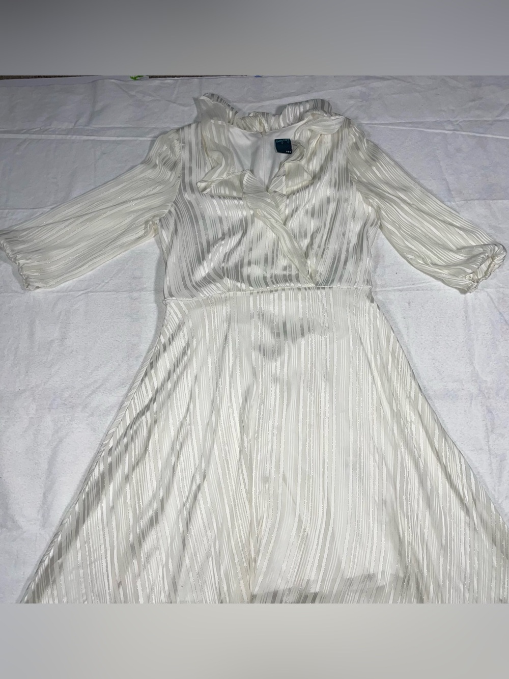 Gabby Skye 16 Handkerchief Hem White Shimmer Stripe V Neck Midi Dress Elegant